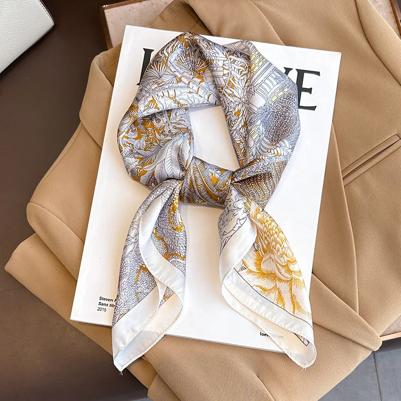 Bohemian Style Floral Print Women’s Square Silk Scarf Satin Head Wrap Tropical Leaf Flower Design Scarves Bandana Hijab