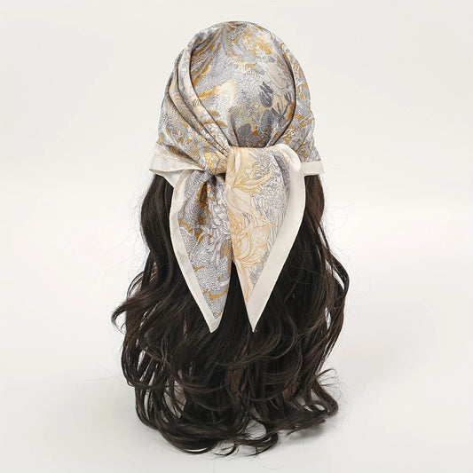 Bohemian Style Floral Print Women’s Square Silk Scarf Satin Head Wrap Tropical Leaf Flower Design Scarves Bandana Hijab