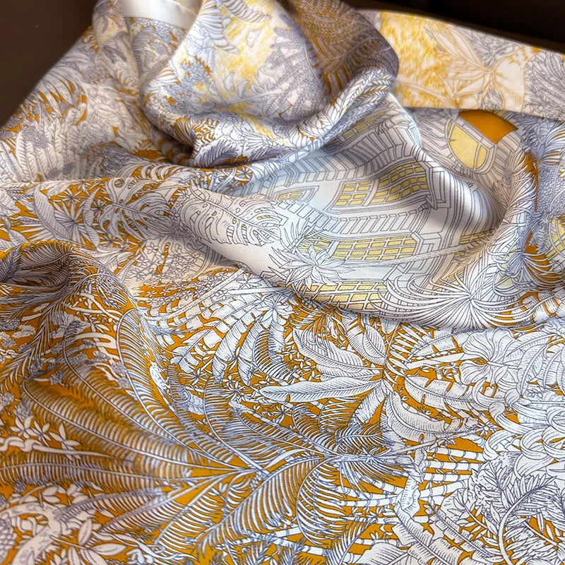 Bohemian Style Floral Print Women’s Square Silk Scarf Satin Head Wrap Tropical Leaf Flower Design Scarves Bandana Hijab