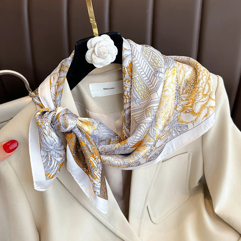 Bohemian Style Floral Print Women’s Square Silk Scarf Satin Head Wrap Tropical Leaf Flower Design Scarves Bandana Hijab