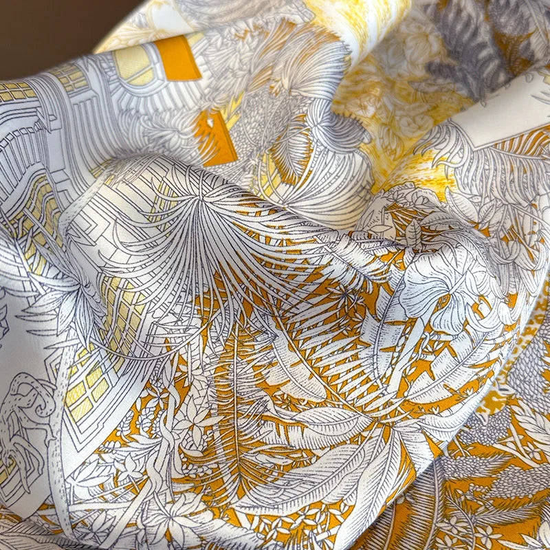 Bohemian Style Floral Print Women’s Square Silk Scarf Satin Head Wrap Tropical Leaf Flower Design Scarves Bandana Hijab